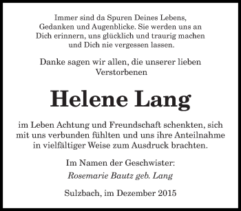 Todesanzeige von Helene Lang von saarbruecker_zeitung