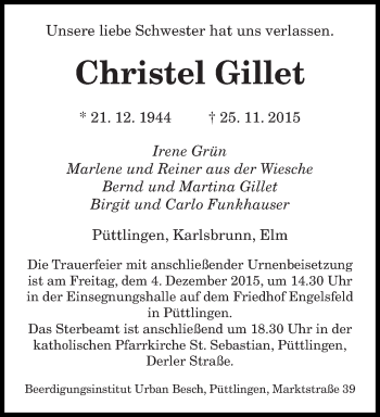 Todesanzeige von Christel Gillet von saarbruecker_zeitung