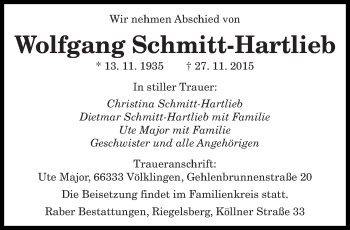 Todesanzeige von Wolfgang Schmitt-Hartlieb von saarbruecker_zeitung
