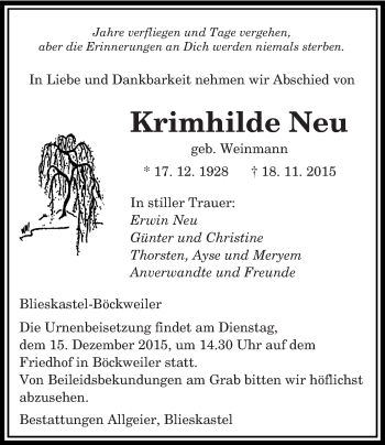 Todesanzeige von Krimhilde Neu von saarbruecker_zeitung