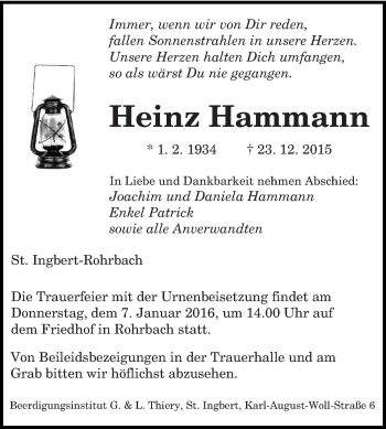 Todesanzeige von Heinz Hammann von saarbruecker_zeitung