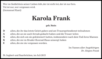 Todesanzeige von Karola Frank von saarbruecker_zeitung