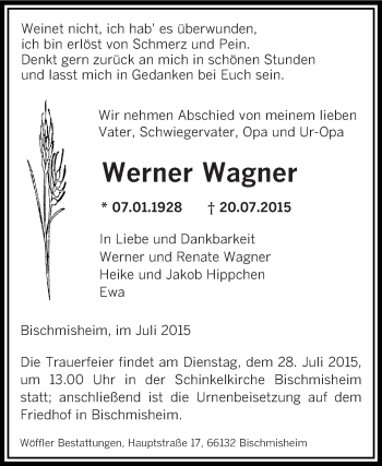 Todesanzeige von Werner Wagner von saarbruecker_zeitung