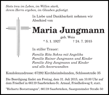 Todesanzeige von Maria Jungmann von saarbruecker_zeitung