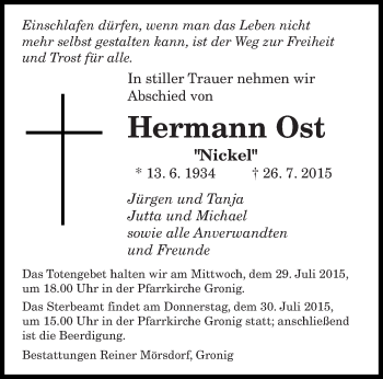 Todesanzeige von Hermann Ost von saarbruecker_zeitung
