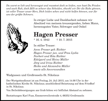 Todesanzeige von Hagen Presser von saarbruecker_zeitung
