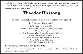 Todesanzeige von Theodor Hussong von saarbruecker_zeitung