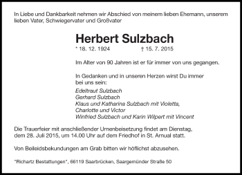Todesanzeige von Herbert Sulzbach von saarbruecker_zeitung