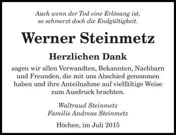 Todesanzeige von Werner Steinmetz von saarbruecker_zeitung