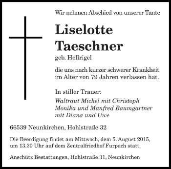 Todesanzeige von Liselotte Taeschner von saarbruecker_zeitung