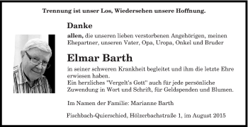 Todesanzeige von Elmar Barth von saarbruecker_zeitung