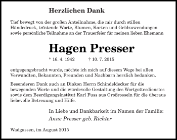 Todesanzeige von Hagen Presser von saarbruecker_zeitung