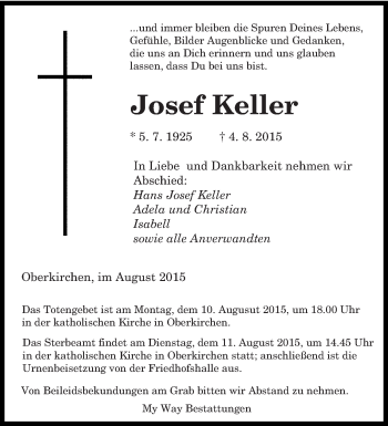 Todesanzeige von Josef Keller von saarbruecker_zeitung