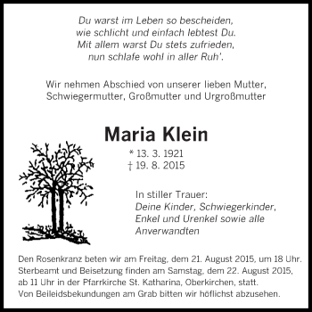 Todesanzeige von Maria Klein von saarbruecker_zeitung