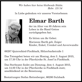 Todesanzeige von Elmar Barth von saarbruecker_zeitung