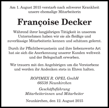 Todesanzeige von Francoise Decker von saarbruecker_zeitung