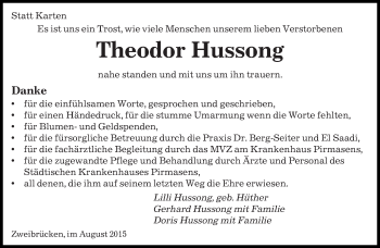 Todesanzeige von Theodor Hussong von saarbruecker_zeitung