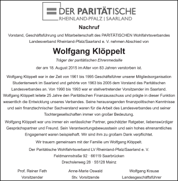 Todesanzeige von Wolfgang Klöppelt von saarbruecker_zeitung