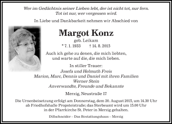 Todesanzeige von Margot Konz von saarbruecker_zeitung