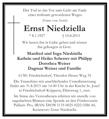 Todesanzeige von Ernst Niedziella von saarbruecker_zeitung