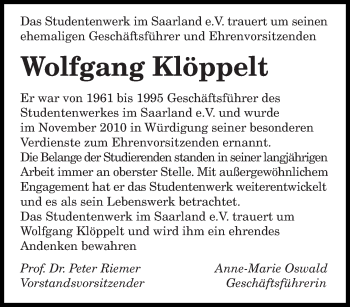Todesanzeige von Wolfgang Klöppelt von saarbruecker_zeitung