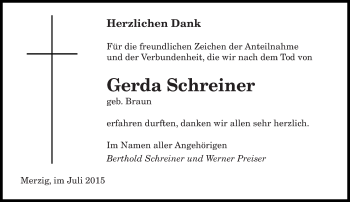 Todesanzeige von Gerda Schreiner von saarbruecker_zeitung