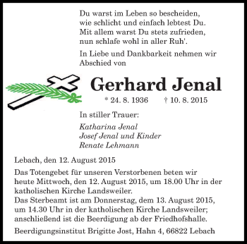 Todesanzeige von Gerhard Jenal von saarbruecker_zeitung