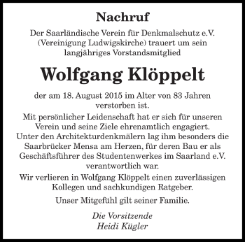 Todesanzeige von Wolfgang Klöppelt von saarbruecker_zeitung