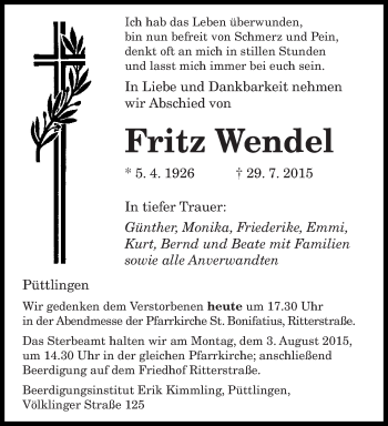 Todesanzeige von Fritz Wendel von saarbruecker_zeitung