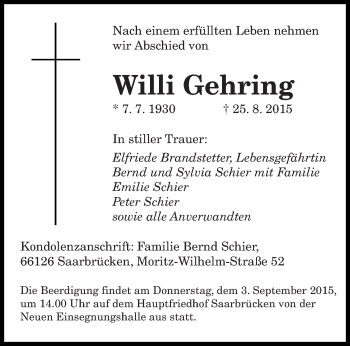 Todesanzeige von Willi Gehring von saarbruecker_zeitung