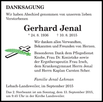 Todesanzeige von Gerhard Jenal von saarbruecker_zeitung
