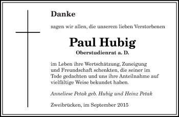 Todesanzeige von Paul Hubig von saarbruecker_zeitung