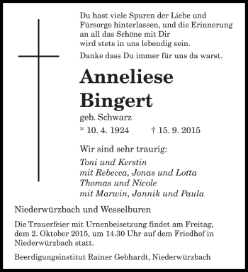 Todesanzeige von Anneliese Bingert von saarbruecker_zeitung