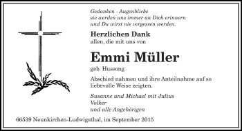 Todesanzeige von Emmie Müller von saarbruecker_zeitung