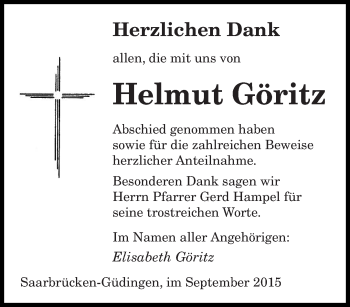 Todesanzeige von Helmut Göritz von saarbruecker_zeitung