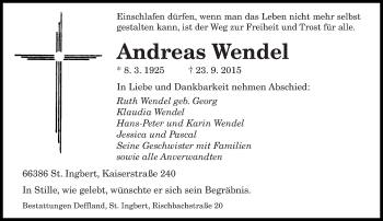 Todesanzeige von Andreas Wendel von saarbruecker_zeitung