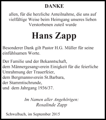 Todesanzeige von Hans Zapp von saarbruecker_zeitung