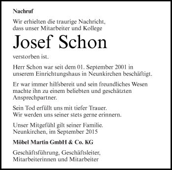 Todesanzeige von Josef Schon von saarbruecker_zeitung
