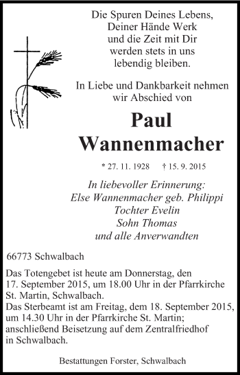Todesanzeige von Paul Wannenmacher von saarbruecker_zeitung