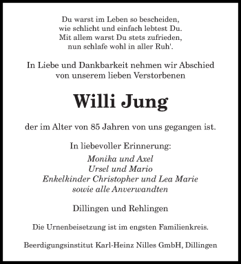 Todesanzeige von Willi Jung von saarbruecker_zeitung