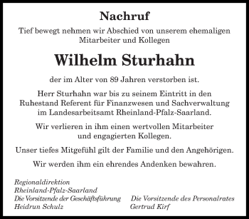 Todesanzeige von Wilhelm Sturhahn von saarbruecker_zeitung
