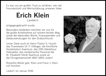 Todesanzeige von Erich Klein von saarbruecker_zeitung