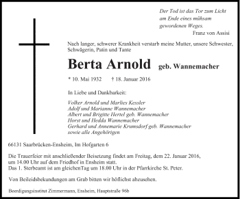 Todesanzeige von Berta Arnold von saarbruecker_zeitung