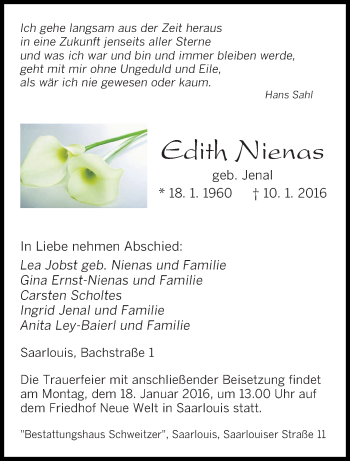Todesanzeige von Edith Nienas von saarbruecker_zeitung