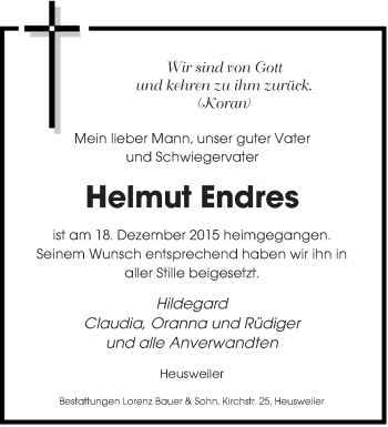 Todesanzeige von Helmut Endres von saarbruecker_zeitung