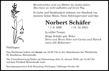 Todesanzeige von Norbert Schäfer von saarbruecker_zeitung
