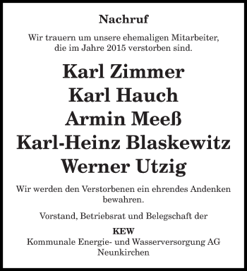 Todesanzeige von KEW trauert um von saarbruecker_zeitung