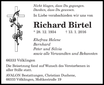 Todesanzeige von Richard Birtel von saarbruecker_zeitung