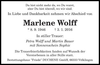 Todesanzeige von Marlene Wolff von saarbruecker_zeitung