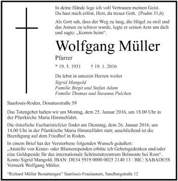 Todesanzeige von Wolfgang Müller von saarbruecker_zeitung